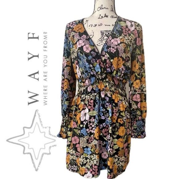 Anthropologie WAYF Dress BLack floral Smocked Fall Sz S Aesthetic Cottage Core - Picture 1 of 16